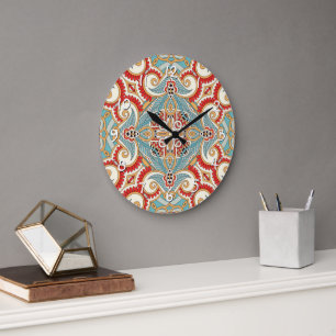 Retro Pretty Chic Red Teal Floral Mosaic Pattern Large Clock