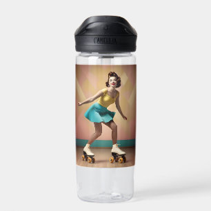 Retro Pretty Lady Roller Skating Lets Roll, Water Bottle