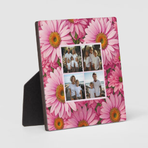Retro pretty pink floral personalise 4 photo plaque