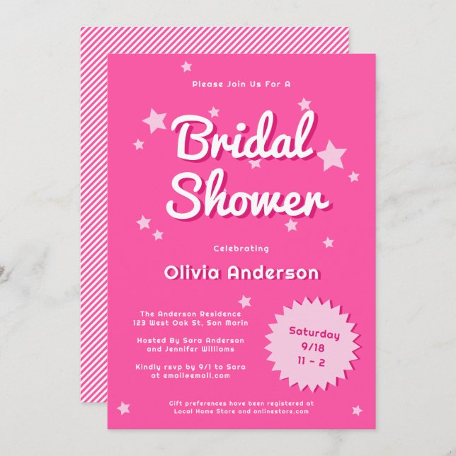 Retro Pretty Pink Stars Bridal Shower Invitation (Front/Back)