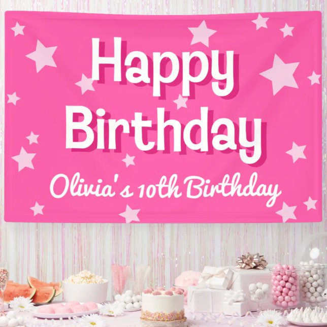 Retro Pretty Pink Stars Happy Birthday  Banner (Creator Uploaded)