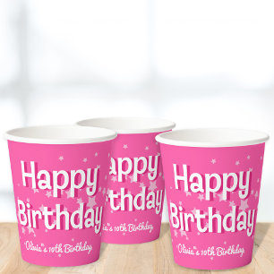 Retro Pretty Pink Stars Happy Birthday  Paper Cups