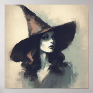 Retro Pretty Witch in Pointed Witch Hat Painting Poster