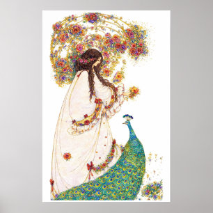 Retro Princess & Peacock by Jessie King Poster