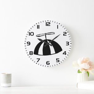 Retro Propeller Beanie Whimsical Black and White  Large Clock