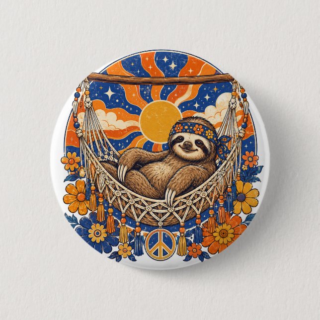 Retro Psych-Pop Sloth in Hammock 6 Cm Round Badge (Front)