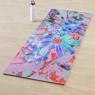 Retro Psychedelic Aqua and Orange Flowers Yoga Mat