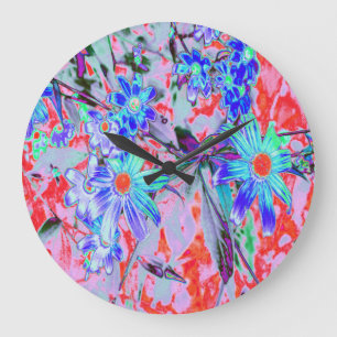 Retro Psychedelic Aqua Green and Orange Flowers Large Clock
