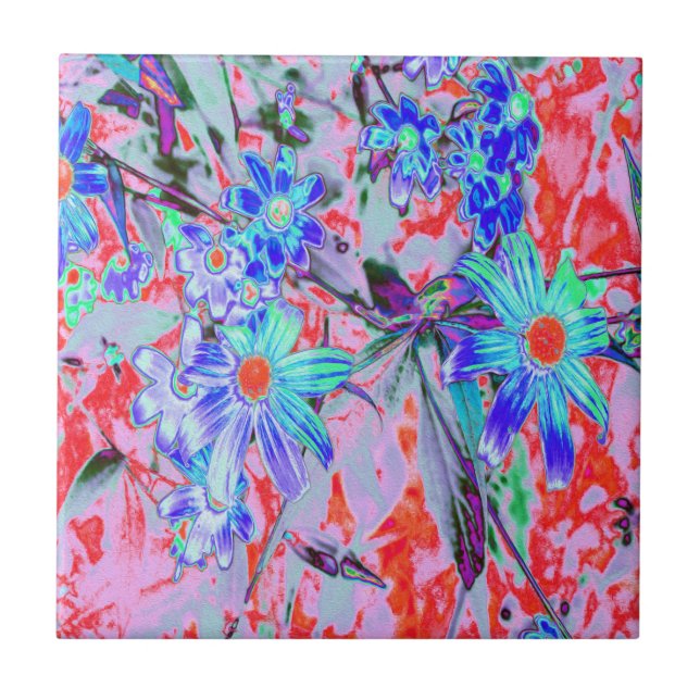 Retro Psychedelic Aqua Green and Orange Flowers Tile (Front)