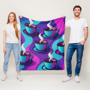 Retro psychedelic coffee cups blanket, bold purple fleece blanket