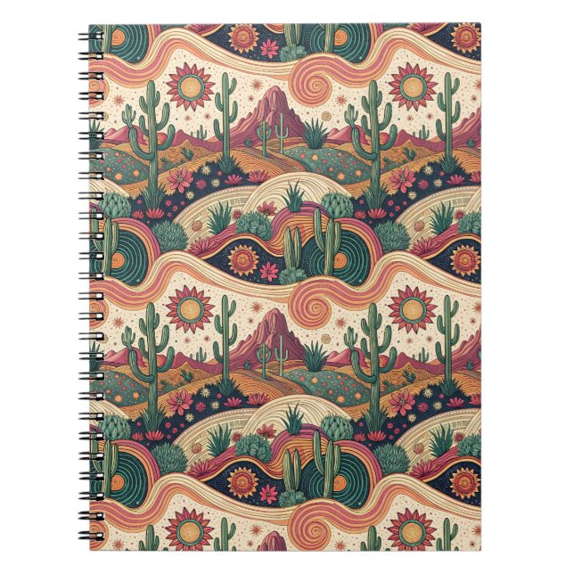 Retro Psychedelic Desert Cactus Sunset Landscape Notebook (Front)