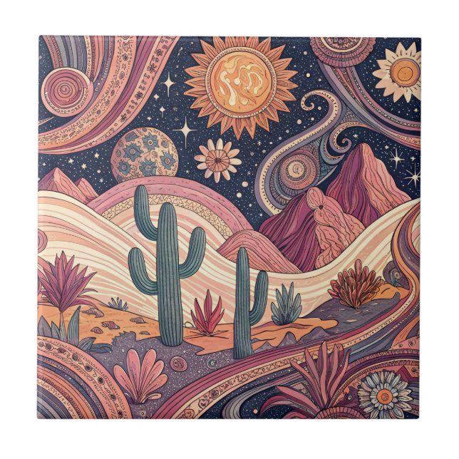 Retro Psychedelic Desert Cactus Sunset Painting Tile (Front)