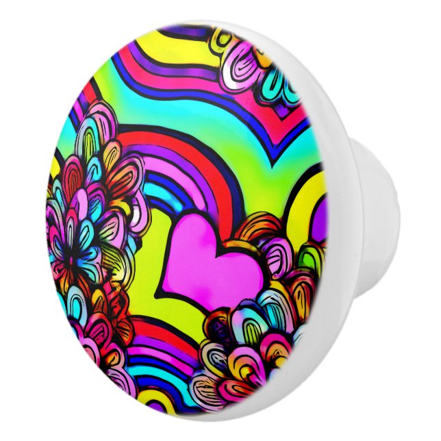 Retro Psychedelic Flowers Heart Colourful  Ceramic Knob (Right)