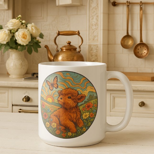Retro Psychedelic Highland Calf Inspirational Coffee Mug (Creator Uploaded)