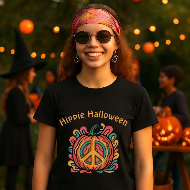 Retro Psychedelic Hippie Halloween Pumpkin Peace T-Shirt (Creator Uploaded)