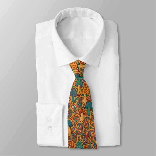 Retro Psychedelic Mushroom & Paisley Pattern Tie (Tied)