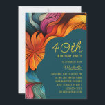 Retro Psychedelic Orange Teal Modern 40th Birthday Invitation<br><div class="desc">Step into your forties with bold style and vibrant colour. This 40th birthday invitation showcases a lively abstract floral design in brilliant shades of orange, magenta, teal, and red. The curvy layout and deep teal background highlight your event details in an elegant mix of script and modern fonts—perfect for the...</div>