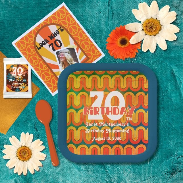 Retro Psychedelic Wave 70th Birthday  Paper Plate (Creator Uploaded)