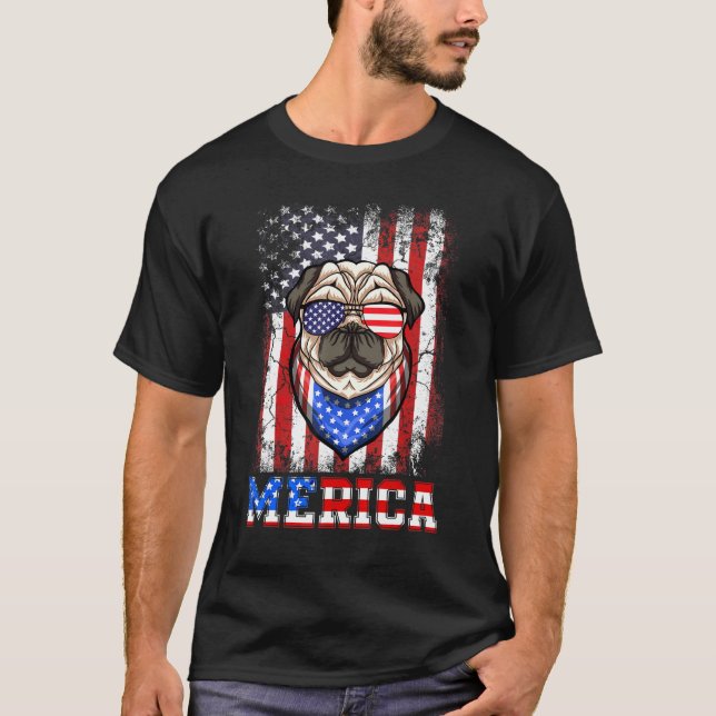 Retro Pug Merica 4th Of July US Flag Sunglasses Pa T-Shirt (Front)
