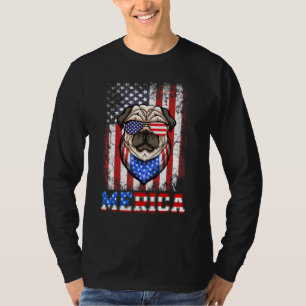 Retro Pug Merica 4th Of July US Flag Sunglasses Pa T-Shirt