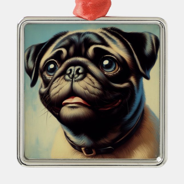 Retro Pug Painting Metal Tree Decoration (Front)