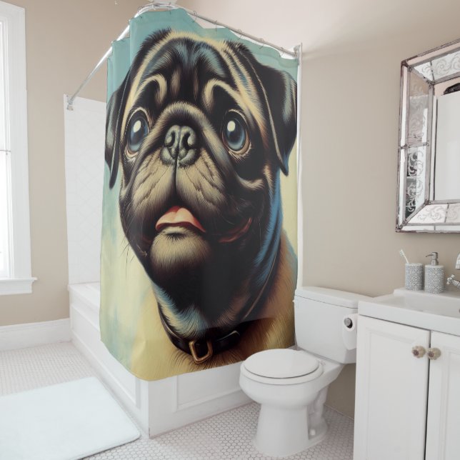 Retro Pug Painting Shower Curtain (In Situ)