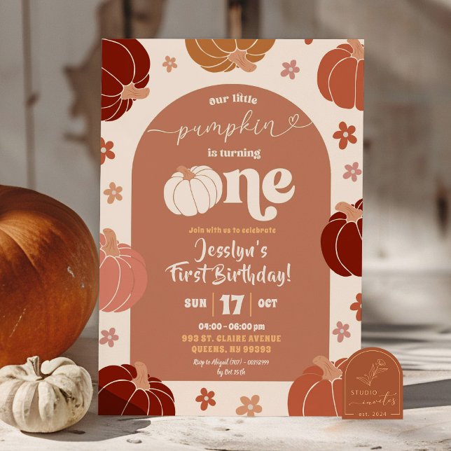 Retro Pumpkin Floral 1st Birthday  Invitation (Creator Uploaded)