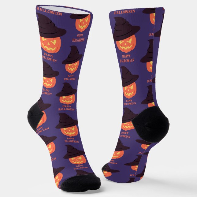 Retro Pumpkin “Happy Halloween” Socks – Vintage  (Angled)