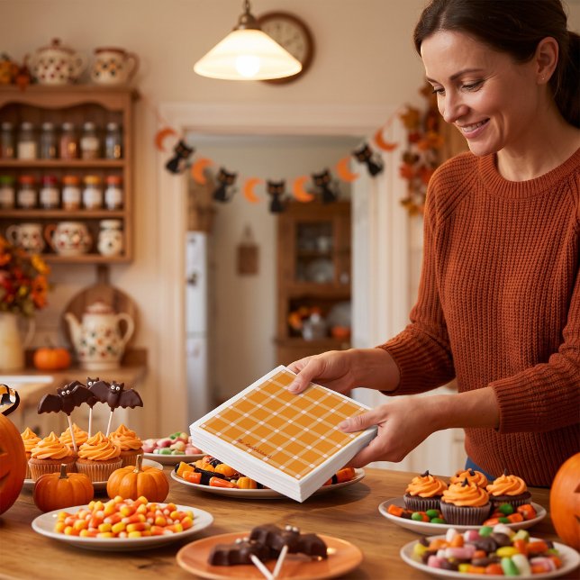 Retro Pumpkin Orange Gingham Halloween Party Napkin (Customize to change your personalized text size or style.)
