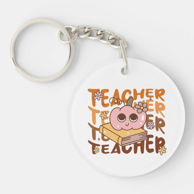 Retro Pumpkin Teacher Halloween Fall  Key Ring (Front)