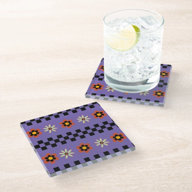 Retro Punk Flowers Glass Coaster (Angled)