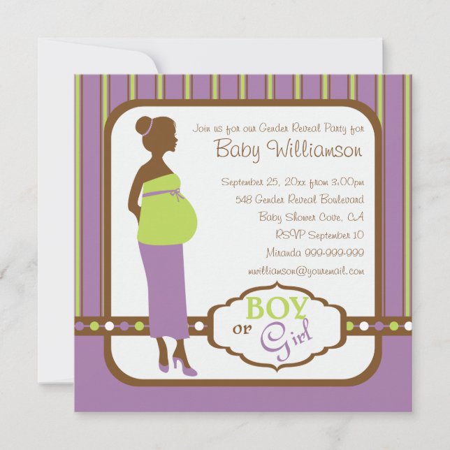 Retro Purple and Green Baby Gender Reveal Party Invitation (Front)