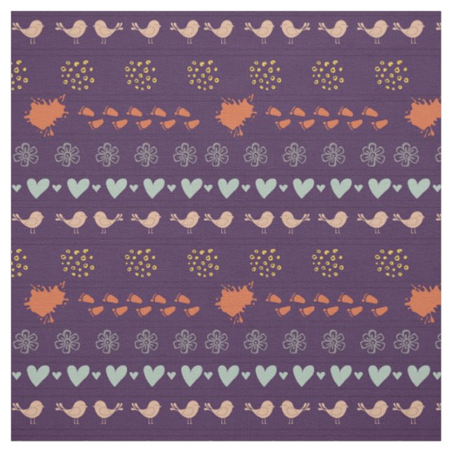 Retro purple and grey pattern of birds, dots, foot fabric (Swatch)
