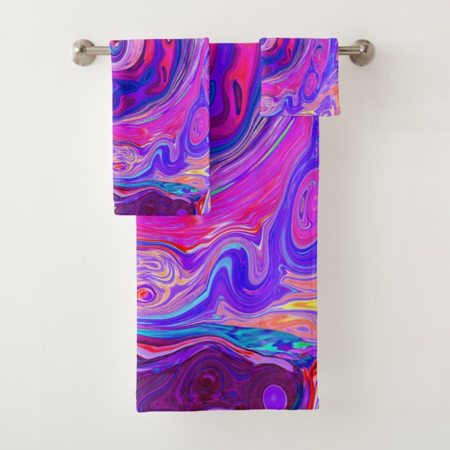 Retro Purple and Orange Abstract Groovy Swirl Bath Towel Set (Insitu)