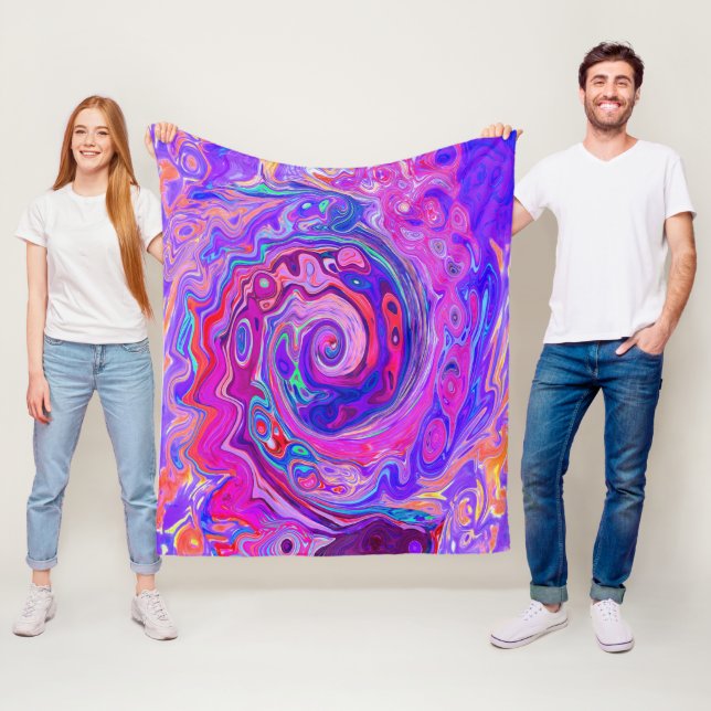 Retro Purple and Orange Abstract Groovy Swirl Fleece Blanket (In Situ)