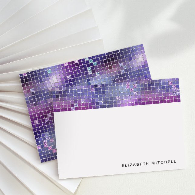 Retro Purple Blue Pink Disco Ball Mirror Monogram Card (Glam, disco-inspired note cards)