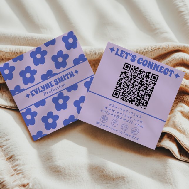 Retro Purple Blue QR Code Groovy Floral Trendy Fun Square Business Card (Creator Uploaded)