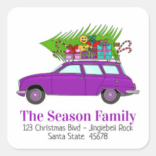 Retro Purple Car with Christmas Gifts Square Sticker