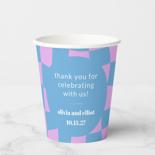 Retro Purple Chequerboard Custom Couples Shower Paper Cups (Front)