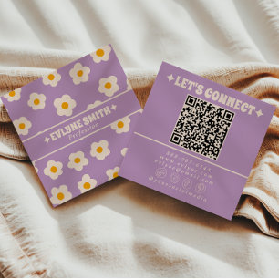 Retro Purple Cream QR Code Groovy Floral Trendy  Square Business Card