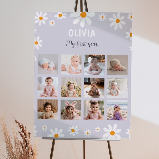 Retro Purple Daisy Birthday Photo Milestone Poster (Creator Uploaded)