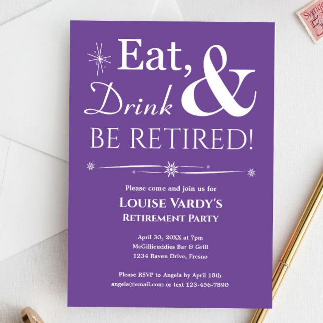 Retro Purple Eat Drink And Be Retired Invitation (Creator Uploaded)