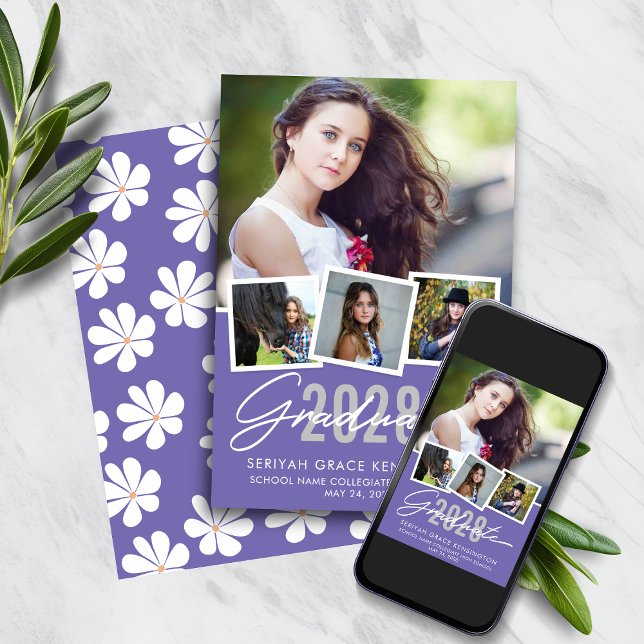 Retro Purple Floral Graduation Photo Collage  Announcement (Retro Purple Floral Daisy Graduation Photo Collage Announcement)