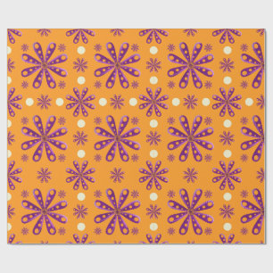 Retro Purple Flowers on Orange Background Wrapping Paper
