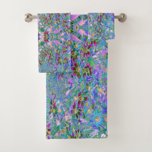 Retro Purple, Green and Blue Wildflowers on Pink Bath Towel Set (Insitu)