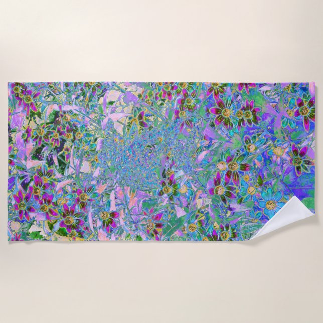 Retro Purple, Green and Blue Wildflowers on Pink Beach Towel (Front)