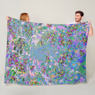Retro Purple, Green and Blue Wildflowers on Pink Fleece Blanket