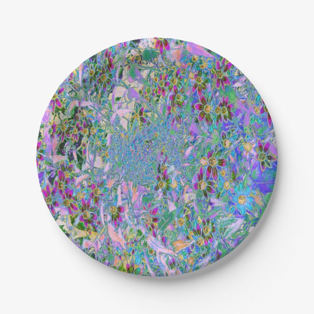 Retro Purple, Green and Blue Wildflowers on Pink Paper Plate (Front)