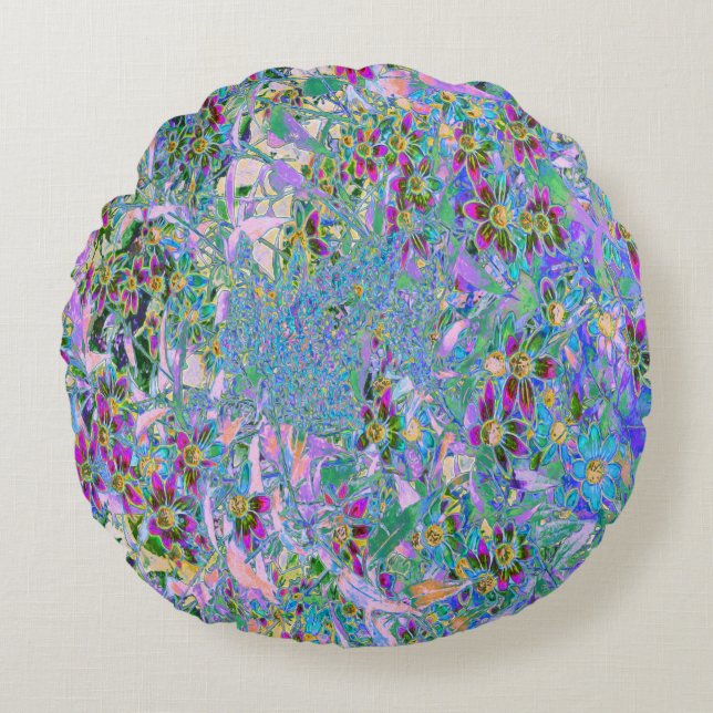Retro Purple, Green and Blue Wildflowers on Pink Round Cushion (Front)