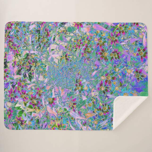 Retro Purple, Green and Blue Wildflowers on Pink Sherpa Blanket (Front (Horizontal))